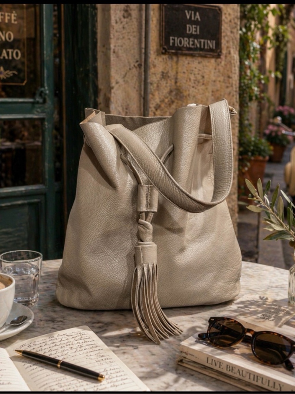 Alberta Di Canio Cream Leather Hobo bucket Bag with tassel made in Italy